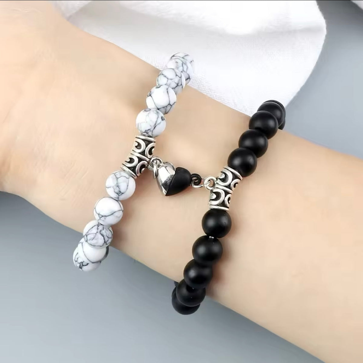 Black & White Beads Heart Magnetic Distance Bracelet Set Couple Bracelet